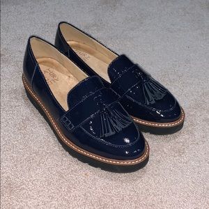 Navy blue patent leather loafers